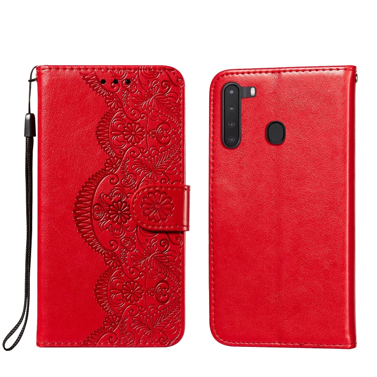 For Samsung Galaxy A21 Flower Vine Embossing Pattern Horizontal Flip Leather Case with Card Slot & Holder & Wallet & Lanyard