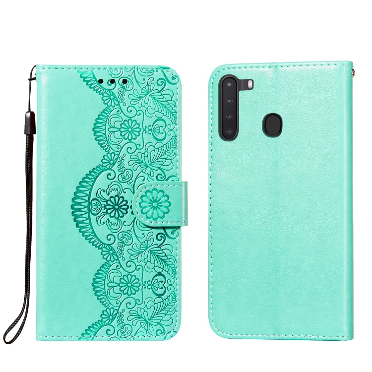 For Samsung Galaxy A21 Flower Vine Embossing Pattern Horizontal Flip Leather Case with Card Slot & Holder & Wallet & Lanyard
