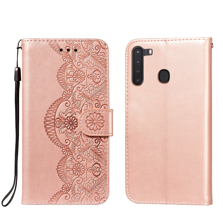 For Samsung Galaxy A21 Flower Vine Embossing Pattern Horizontal Flip Leather Case with Card Slot & Holder & Wallet & Lanyard
