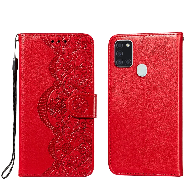 For Samsung Galaxy A21s Flower Vine Embossing Pattern Horizontal Flip Leather Case with Card Slot & Holder & Wallet & Lanyard