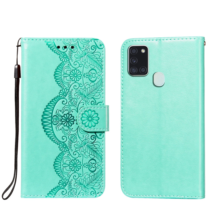For Samsung Galaxy A21s Flower Vine Embossing Pattern Horizontal Flip Leather Case with Card Slot & Holder & Wallet & Lanyard
