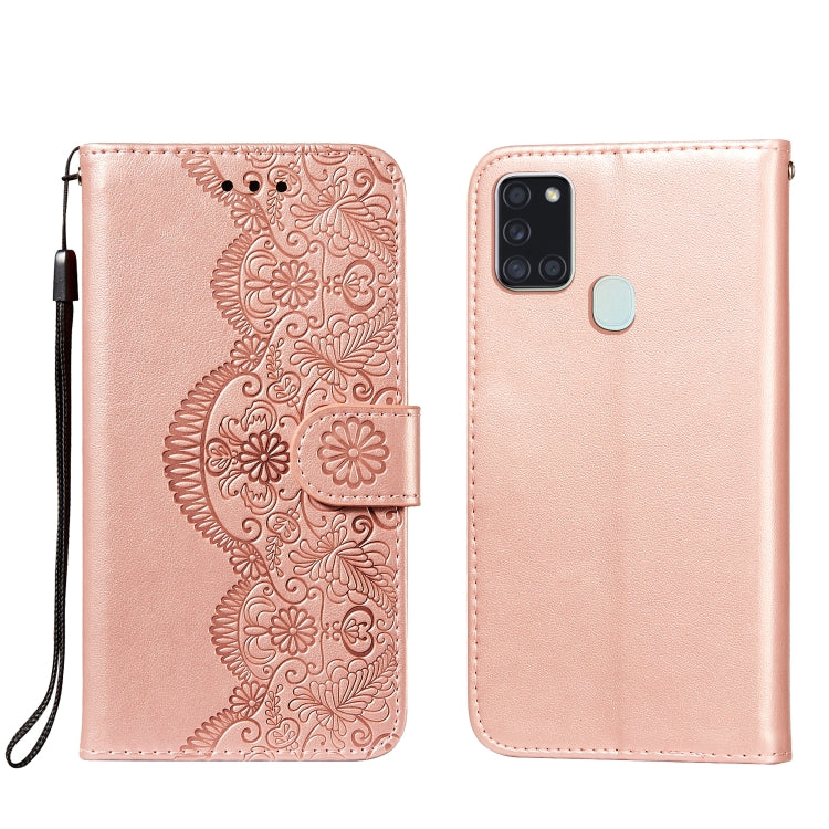 For Samsung Galaxy A21s Flower Vine Embossing Pattern Horizontal Flip Leather Case with Card Slot & Holder & Wallet & Lanyard