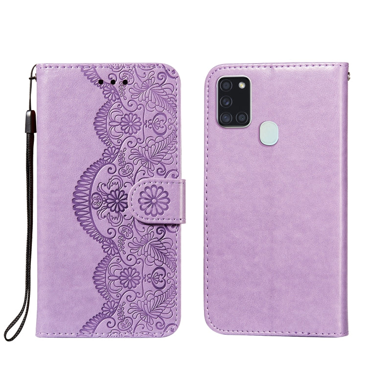 For Samsung Galaxy A21s Flower Vine Embossing Pattern Horizontal Flip Leather Case with Card Slot & Holder & Wallet & Lanyard