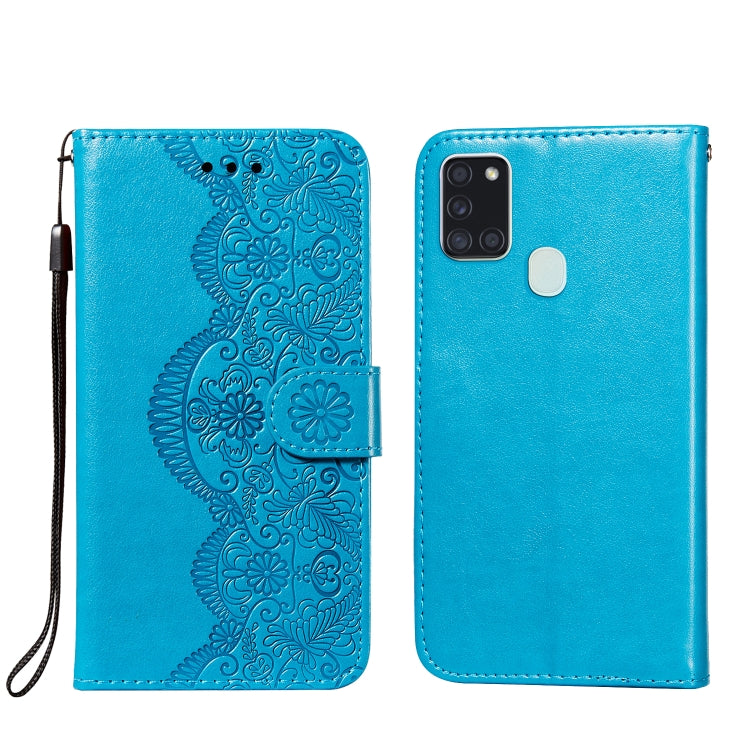 For Samsung Galaxy A21s Flower Vine Embossing Pattern Horizontal Flip Leather Case with Card Slot & Holder & Wallet & Lanyard