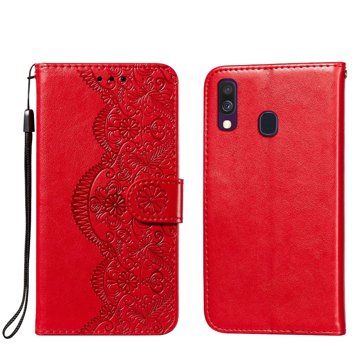 For Samsung Galaxy A40 Flower Vine Embossing Pattern Horizontal Flip Leather Case with Card Slot & Holder & Wallet & Lanyard