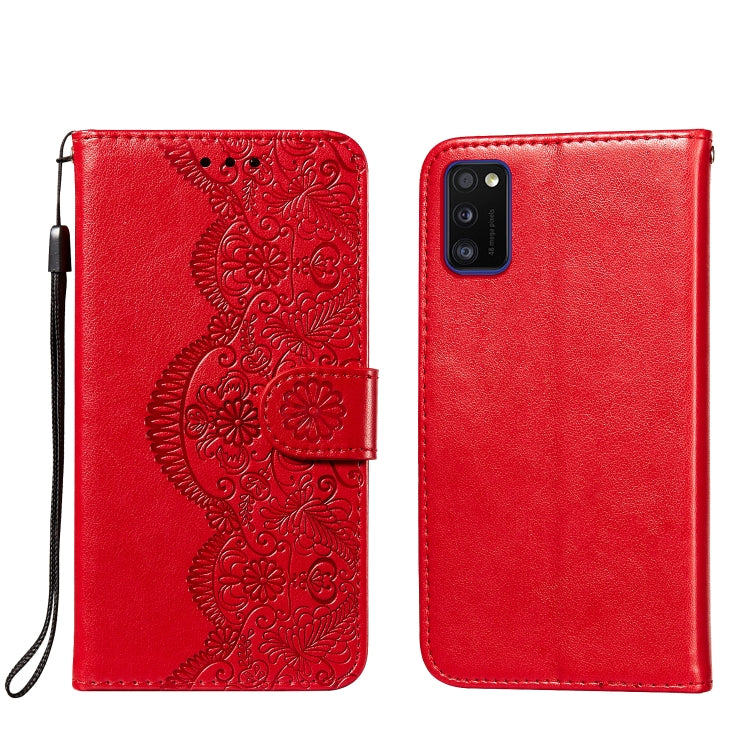 For Samsung Galaxy A41 Flower Vine Embossing Pattern Horizontal Flip Leather Case with Card Slot & Holder & Wallet & Lanyard