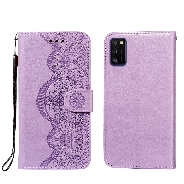 For Samsung Galaxy A41 Flower Vine Embossing Pattern Horizontal Flip Leather Case with Card Slot & Holder & Wallet & Lanyard