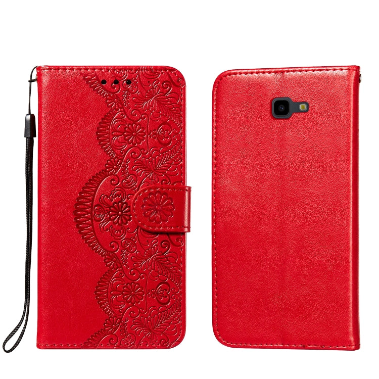 For Samsung Galaxy J4+ Flower Vine Embossing Pattern Horizontal Flip Leather Case with Card Slot & Holder & Wallet & Lanyard