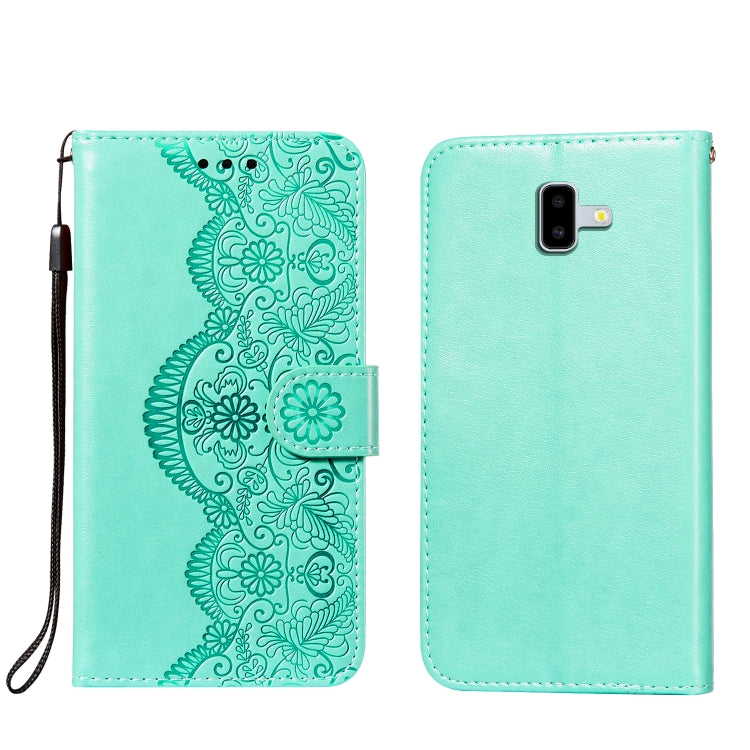 For Samsung Galaxy J6+ Flower Vine Embossing Pattern Horizontal Flip Leather Case with Card Slot & Holder & Wallet & Lanyard
