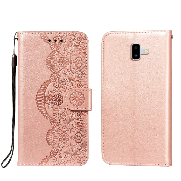 For Samsung Galaxy J6+ Flower Vine Embossing Pattern Horizontal Flip Leather Case with Card Slot & Holder & Wallet & Lanyard