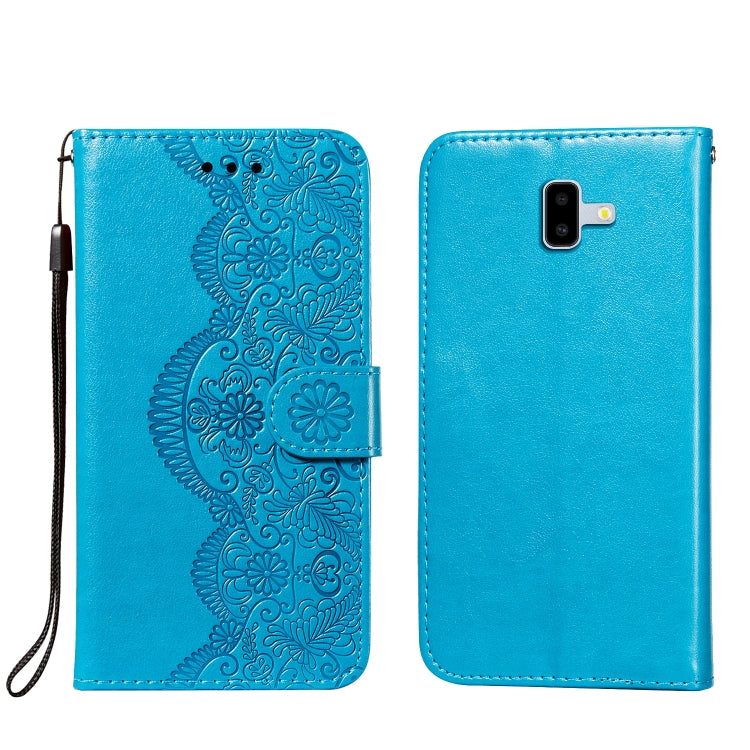 For Samsung Galaxy J6+ Flower Vine Embossing Pattern Horizontal Flip Leather Case with Card Slot & Holder & Wallet & Lanyard