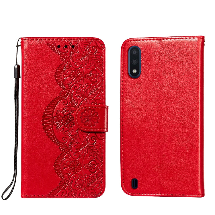 For Samsung Galaxy M01 Flower Vine Embossing Pattern Horizontal Flip Leather Case with Card Slot & Holder & Wallet & Lanyard