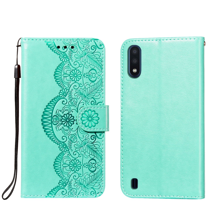 For Samsung Galaxy M01 Flower Vine Embossing Pattern Horizontal Flip Leather Case with Card Slot & Holder & Wallet & Lanyard