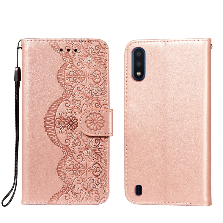 For Samsung Galaxy M01 Flower Vine Embossing Pattern Horizontal Flip Leather Case with Card Slot & Holder & Wallet & Lanyard