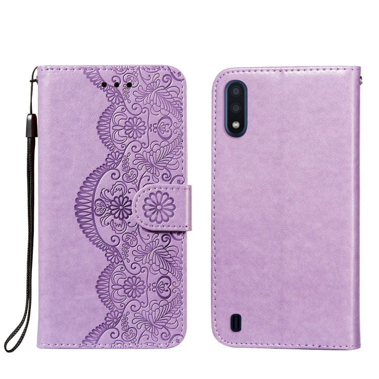 For Samsung Galaxy M01 Flower Vine Embossing Pattern Horizontal Flip Leather Case with Card Slot & Holder & Wallet & Lanyard