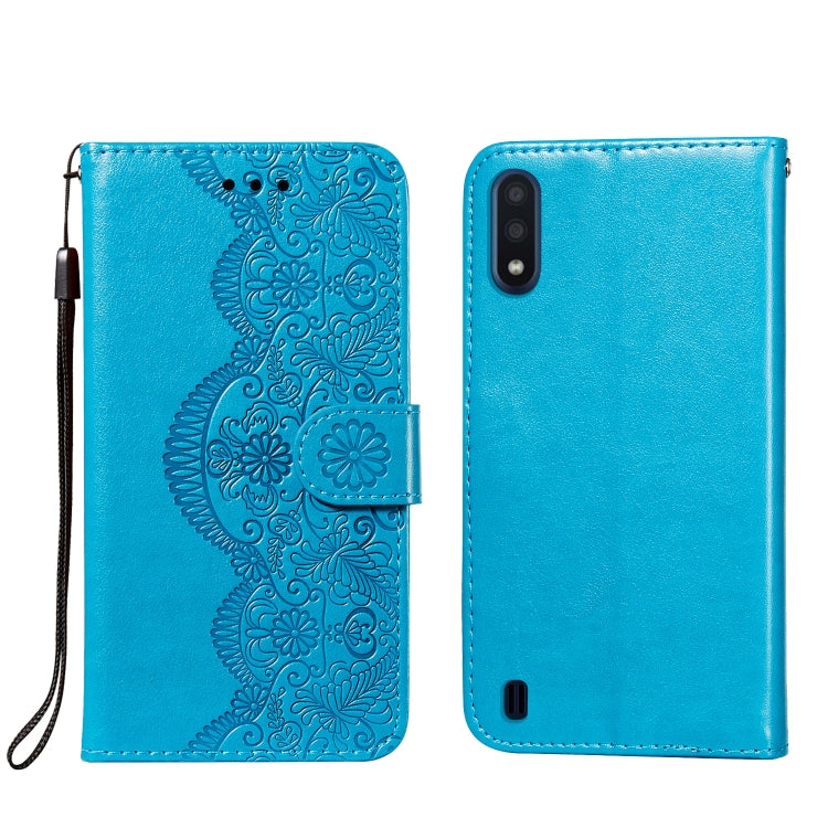 For Samsung Galaxy M01 Flower Vine Embossing Pattern Horizontal Flip Leather Case with Card Slot & Holder & Wallet & Lanyard