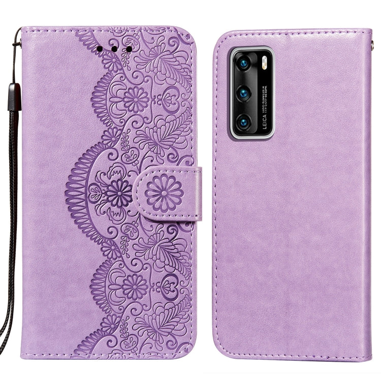 For Huawei P40 Flower Vine Embossing Pattern Horizontal Flip Leather Case with Card Slot & Holder & Wallet & Lanyard