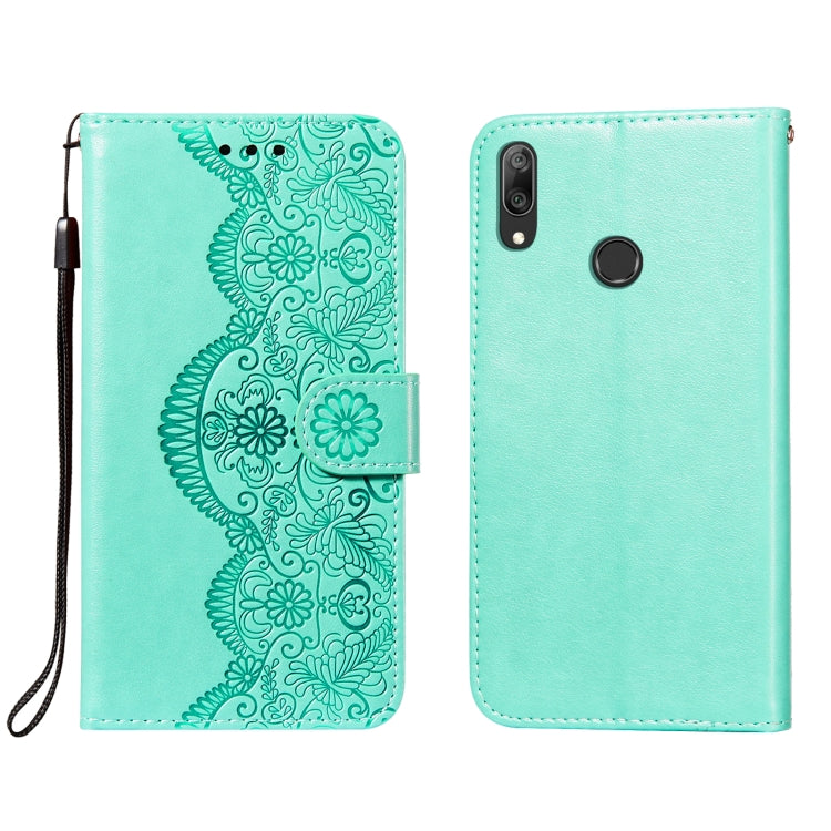For Huawei Y7 (2019) Flower Vine Embossing Pattern Horizontal Flip Leather Case with Card Slot & Holder & Wallet & Lanyard