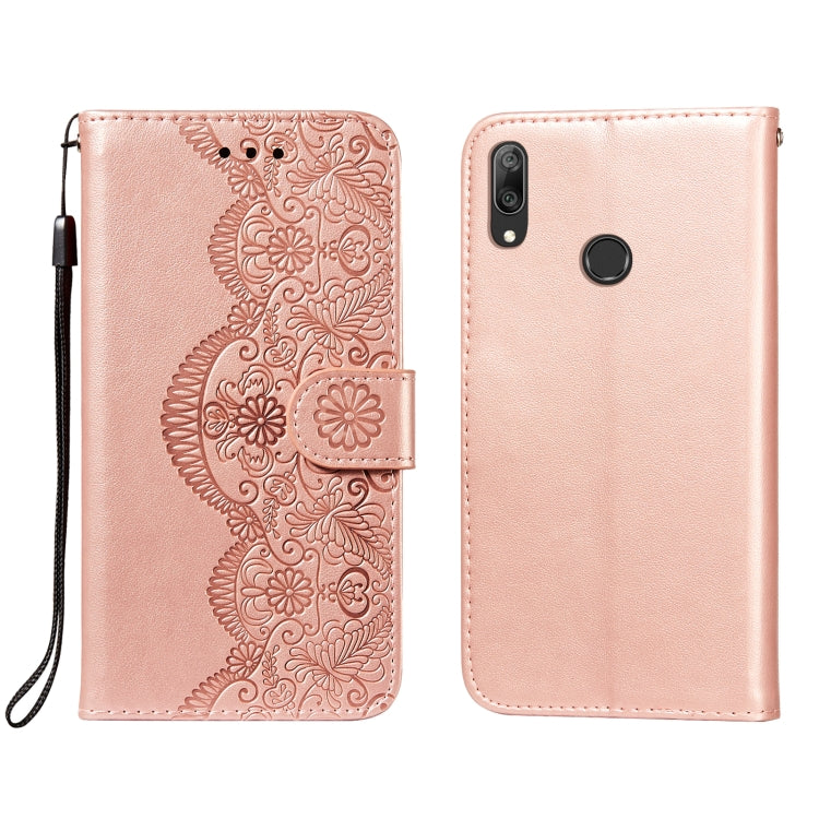 For Huawei Y7 (2019) Flower Vine Embossing Pattern Horizontal Flip Leather Case with Card Slot & Holder & Wallet & Lanyard