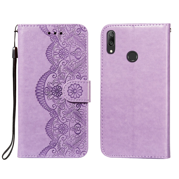 For Huawei Y7 (2019) Flower Vine Embossing Pattern Horizontal Flip Leather Case with Card Slot & Holder & Wallet & Lanyard