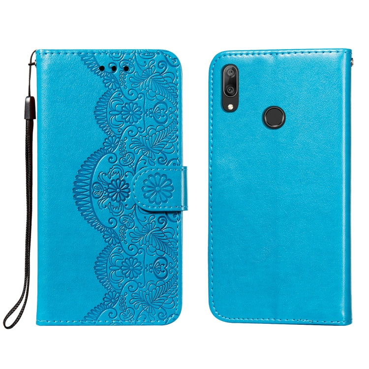 For Huawei Y7 (2019) Flower Vine Embossing Pattern Horizontal Flip Leather Case with Card Slot & Holder & Wallet & Lanyard