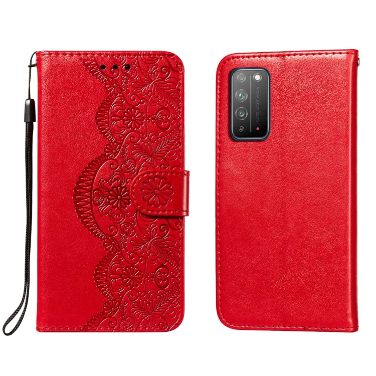 For Huawei Honor X10 5G Flower Vine Embossing Pattern Horizontal Flip Leather Case with Card Slot & Holder & Wallet & Lanyard