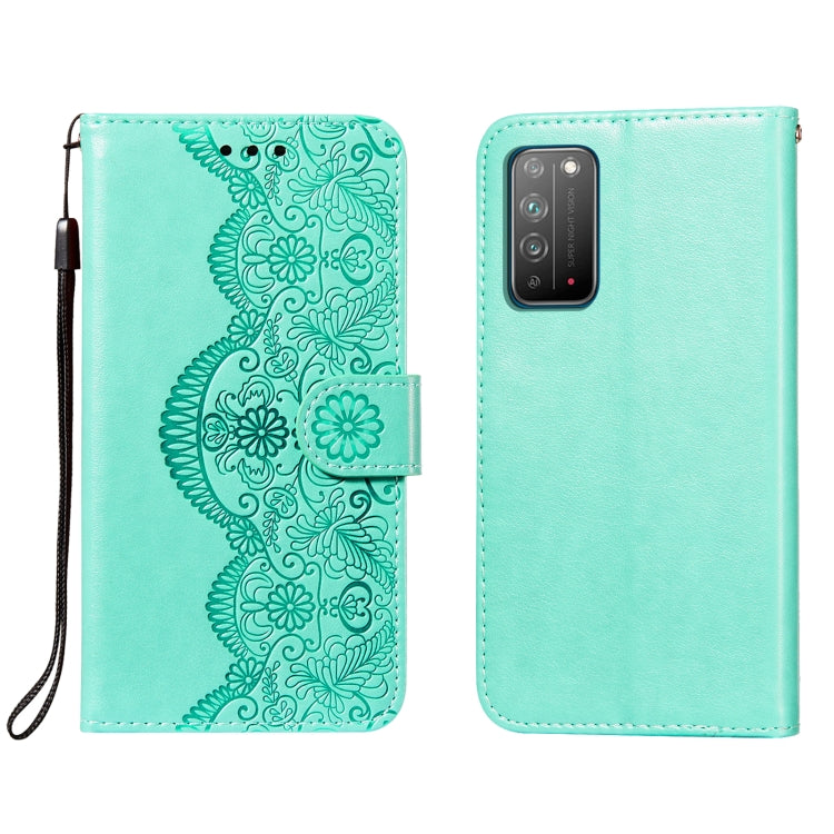 For Huawei Honor X10 5G Flower Vine Embossing Pattern Horizontal Flip Leather Case with Card Slot & Holder & Wallet & Lanyard