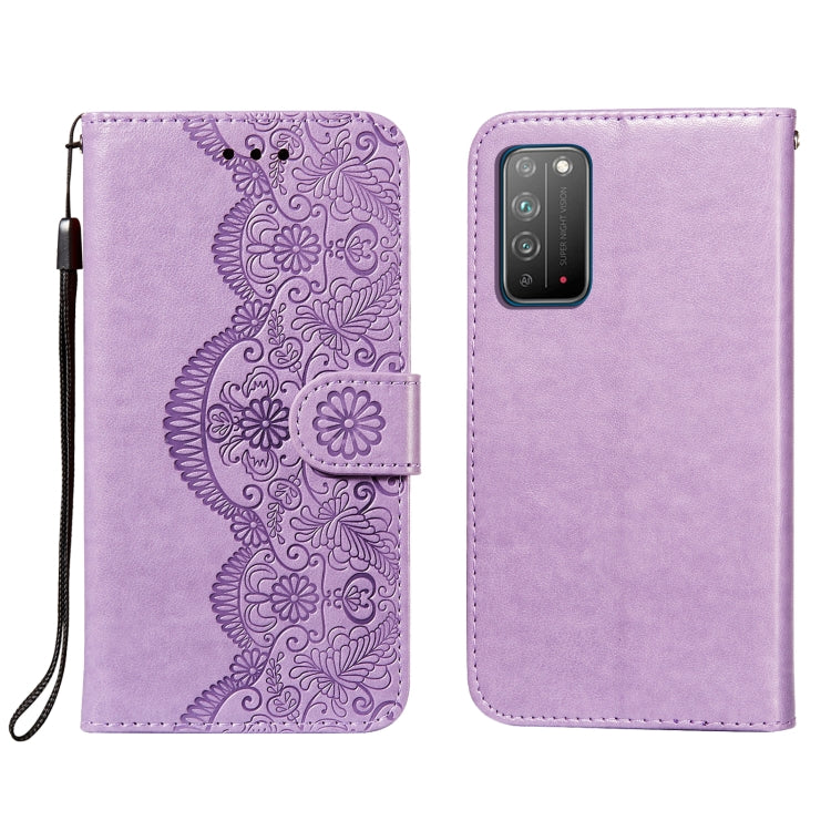 For Huawei Honor X10 5G Flower Vine Embossing Pattern Horizontal Flip Leather Case with Card Slot & Holder & Wallet & Lanyard