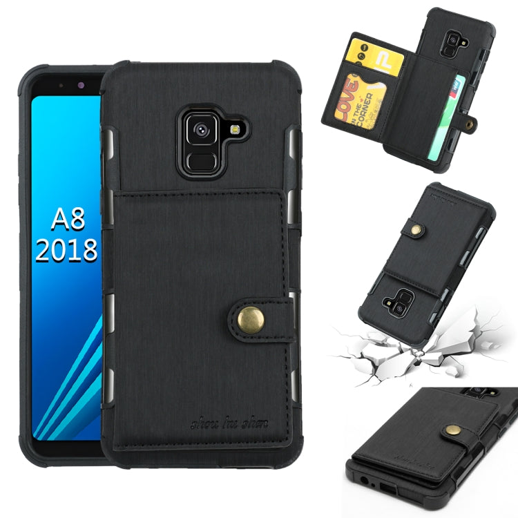 For Galaxy A8 (2018) Brushed Texture Shockproof PU + TPU Case, with Card Slots & Wallet & Photo Frame