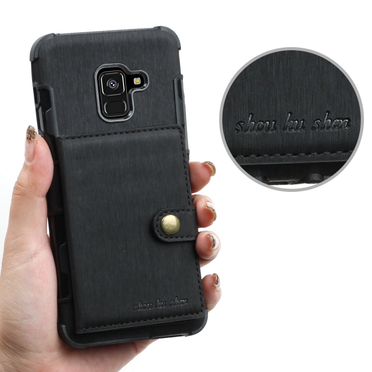 For Galaxy A8 (2018) Brushed Texture Shockproof PU + TPU Case, with Card Slots & Wallet & Photo Frame