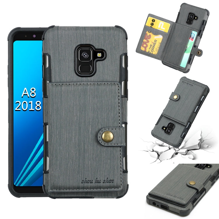 For Galaxy A8 (2018) Brushed Texture Shockproof PU + TPU Case, with Card Slots & Wallet & Photo Frame