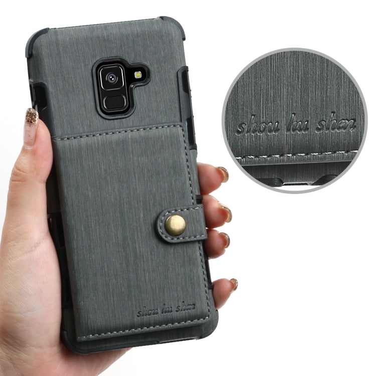 For Galaxy A8 (2018) Brushed Texture Shockproof PU + TPU Case, with Card Slots & Wallet & Photo Frame