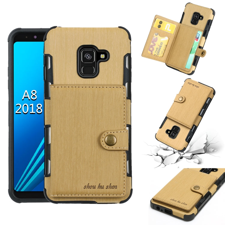 For Galaxy A8 (2018) Brushed Texture Shockproof PU + TPU Case, with Card Slots & Wallet & Photo Frame
