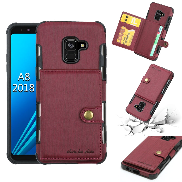 For Galaxy A8 (2018) Brushed Texture Shockproof PU + TPU Case, with Card Slots & Wallet & Photo Frame