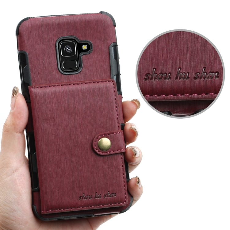 For Galaxy A8 (2018) Brushed Texture Shockproof PU + TPU Case, with Card Slots & Wallet & Photo Frame