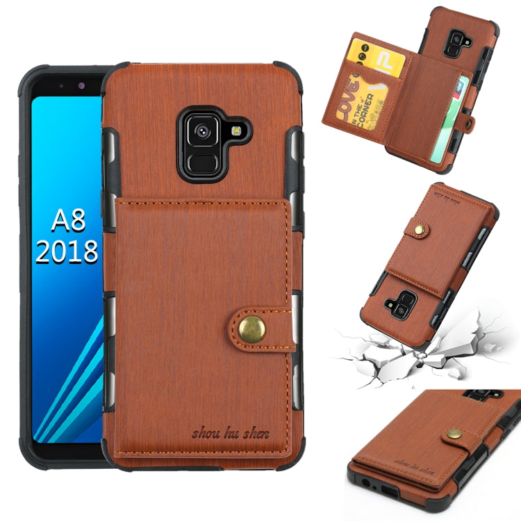 For Galaxy A8 (2018) Brushed Texture Shockproof PU + TPU Case, with Card Slots & Wallet & Photo Frame