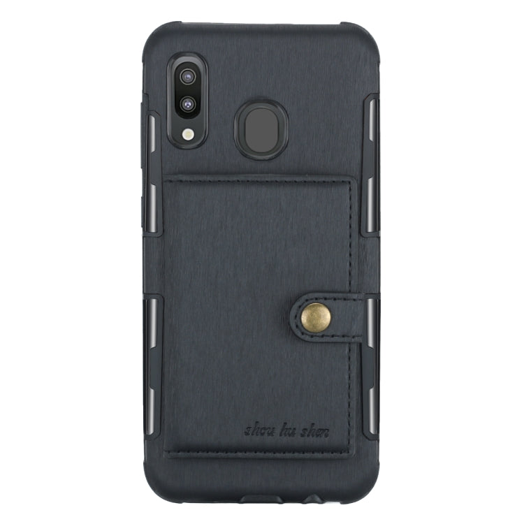 For Galaxy M20 Brushed Texture Shockproof PU + TPU Case, with Card Slots & Wallet & Photo Frame
