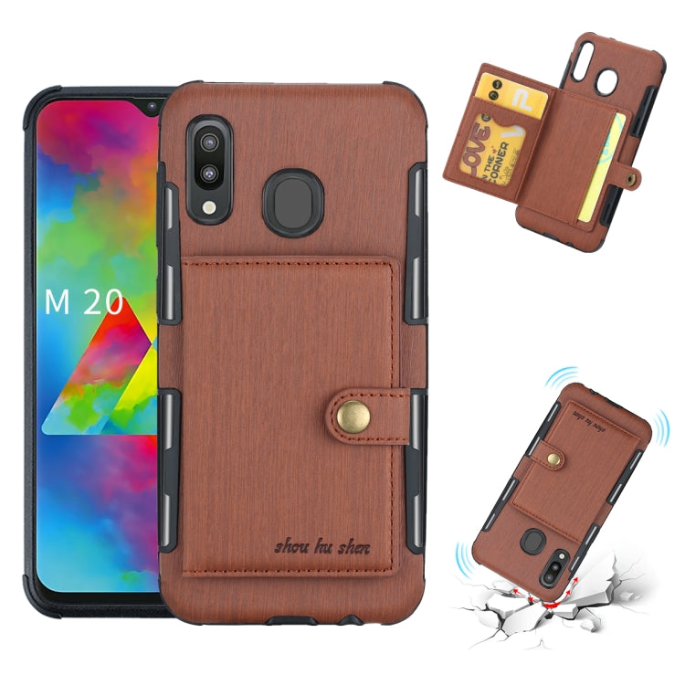 For Galaxy M20 Brushed Texture Shockproof PU + TPU Case, with Card Slots & Wallet & Photo Frame