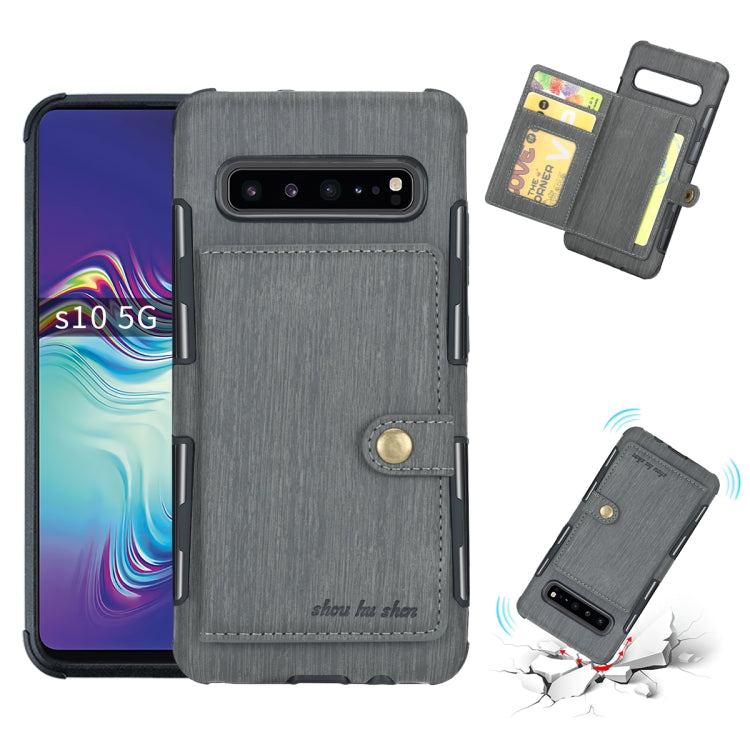 For Galaxy S10 5G Brushed Texture Shockproof PU + TPU Case, with Card Slots & Wallet & Photo Frame