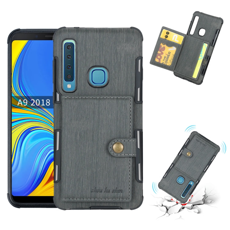 For Galaxy A9 (2018) Brushed Texture Shockproof PU + TPU Case, with Card Slots & Wallet & Photo Frame