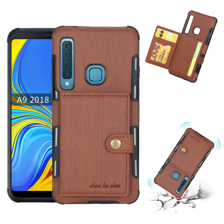 For Galaxy A9 (2018) Brushed Texture Shockproof PU + TPU Case, with Card Slots & Wallet & Photo Frame