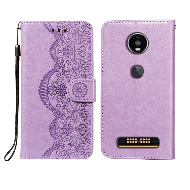 For Motorola Moto Z4 Play Flower Vine Embossing Pattern Horizontal Flip Leather Case with Card Slot & Holder & Wallet & Lanyard