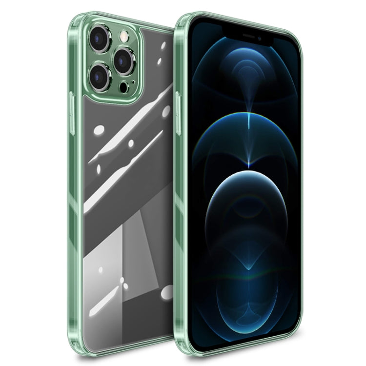 For iPhone 12 Pro Max High Transparent TPU Soft Frame + Glass Back Fine Hole Protective Case
