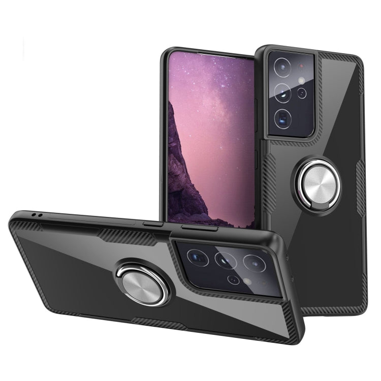 For Samsung Galaxy S21 Ultra 5G Shockproof Transparent TPU + Acrylic Protective Case with Ring Holder
