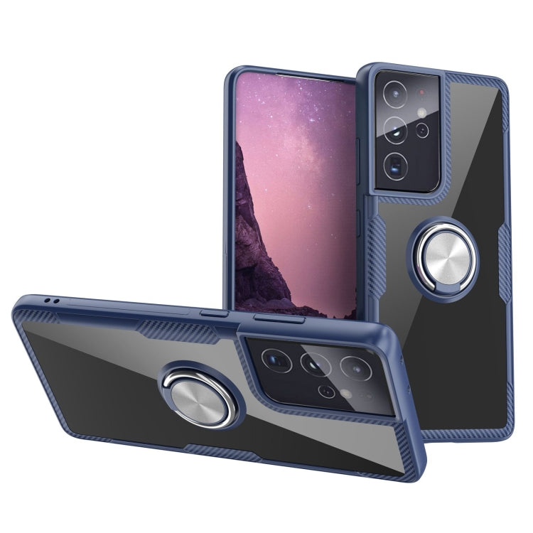 For Samsung Galaxy S21 Ultra 5G Shockproof Transparent TPU + Acrylic Protective Case with Ring Holder