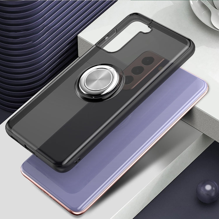 For Samsung Galaxy S21 5G Pure Color Shockproof Transparent TPU + Acrylic Protective Case with Ring Holder
