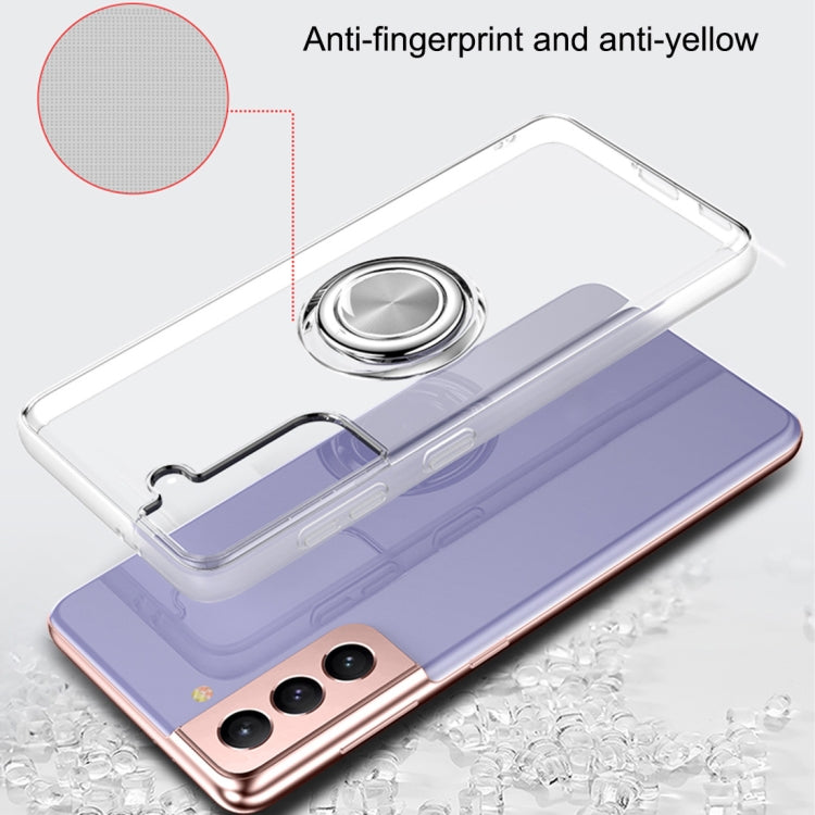 For Samsung Galaxy S21 5G Pure Color Shockproof Transparent TPU + Acrylic Protective Case with Ring Holder
