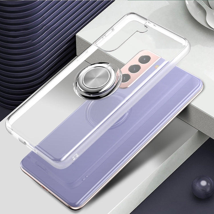 For Samsung Galaxy S21 Ultra 5G Pure Color Shockproof Transparent TPU + Acrylic Protective Case with Ring Holder