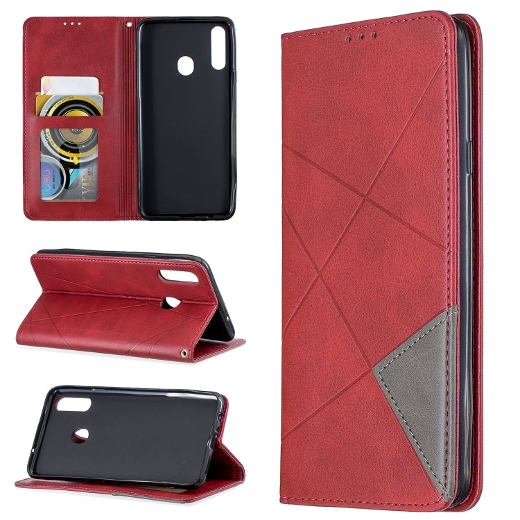For Galaxy A20s Rhombus Texture Horizontal Flip Magnetic Leather Case with Holder & Card Slots