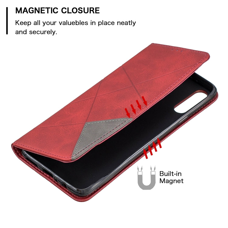 For Galaxy A20s Rhombus Texture Horizontal Flip Magnetic Leather Case with Holder & Card Slots